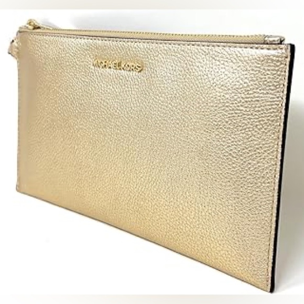 Michael Kors Jet Set Travel Large Zip Metallic Pebbled Gold Clutch Wristlet
